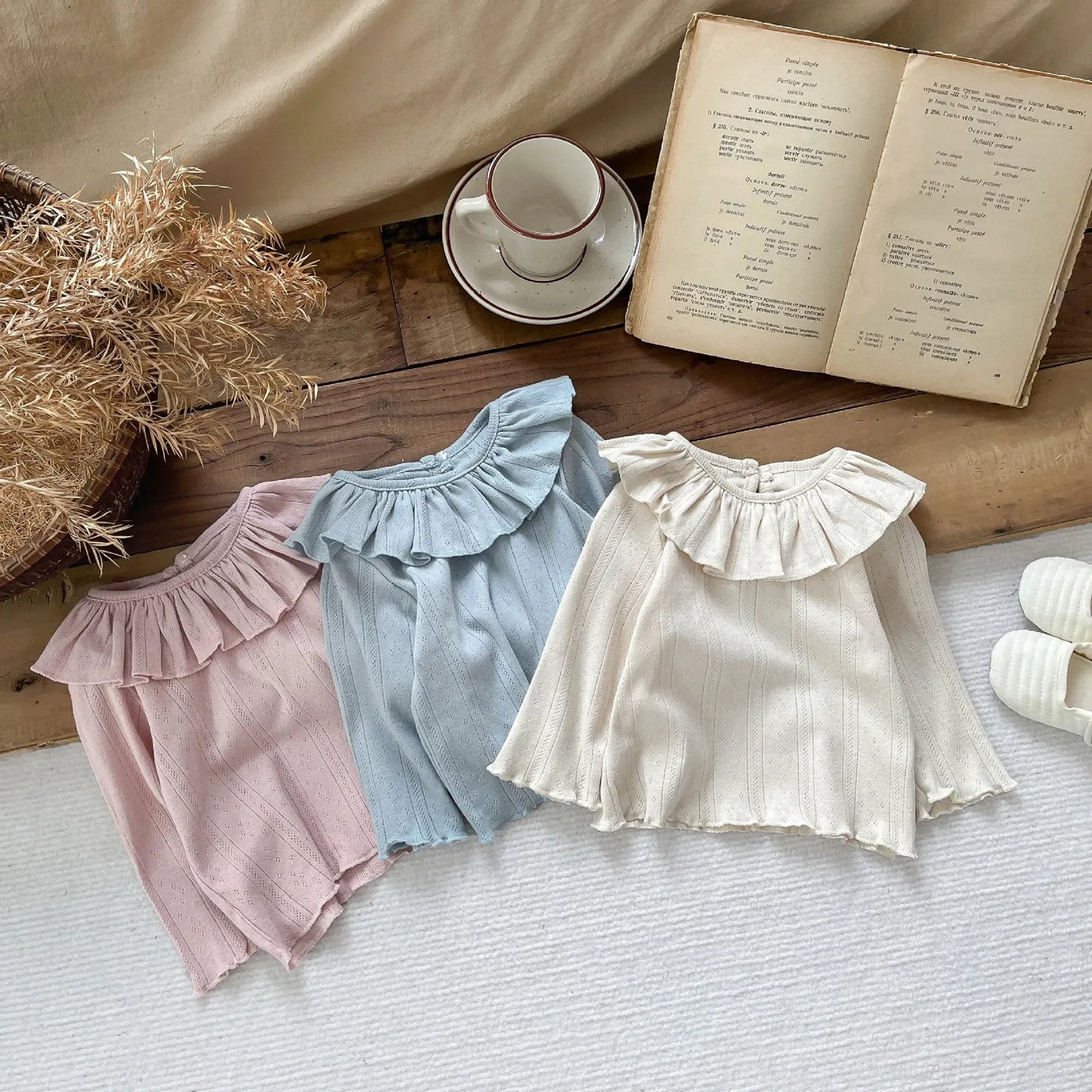 長袖Tシャツ ベビートップス ラッフルフリル襟長袖Tシャツカットソー【mh0008698】