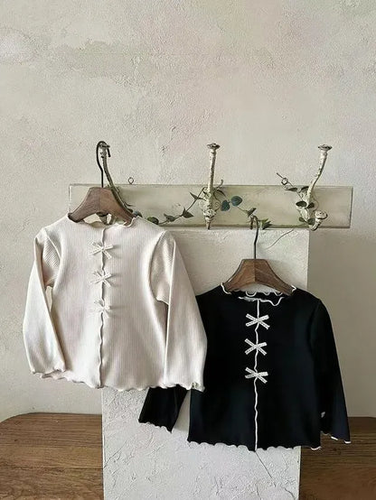 長袖Tシャツ ベビートップス センタータックリボン長袖Tシャツカットソー【mh0008713】