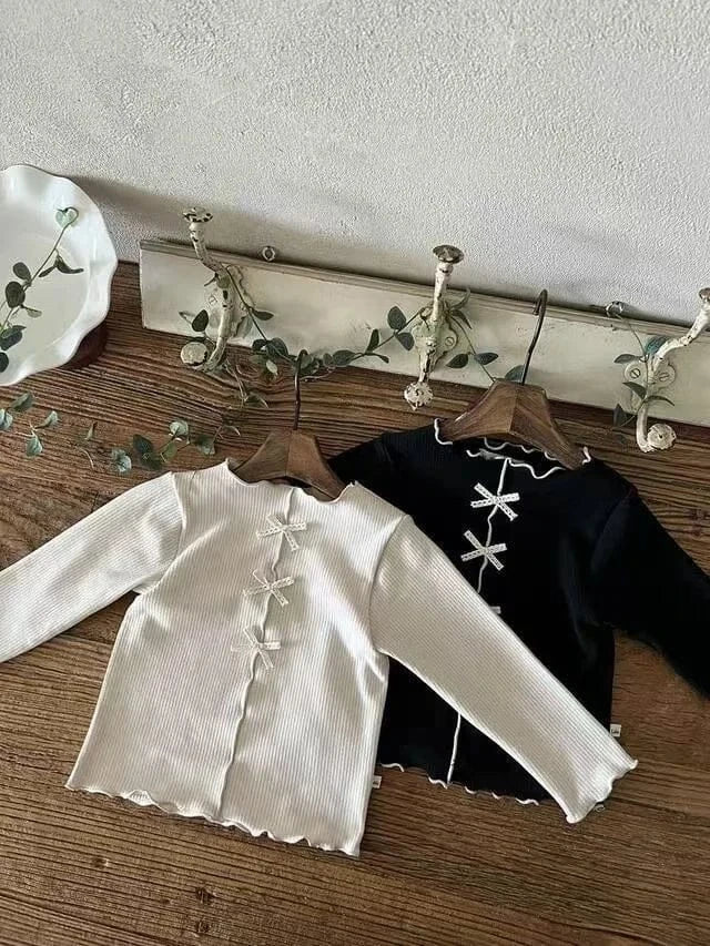 長袖Tシャツ ベビートップス センタータックリボン長袖Tシャツカットソー【mh0008713】