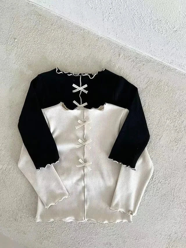 長袖Tシャツ ベビートップス センタータックリボン長袖Tシャツカットソー【mh0008713】