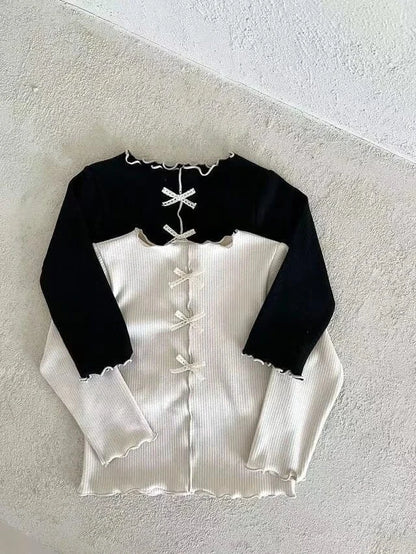 長袖Tシャツ ベビートップス センタータックリボン長袖Tシャツカットソー【mh0008713】