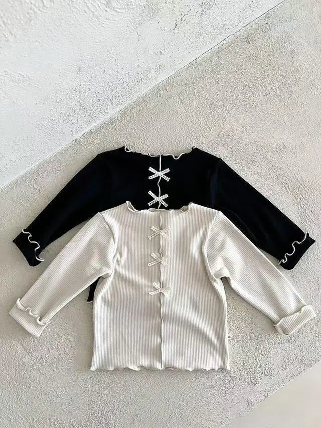 長袖Tシャツ ベビートップス センタータックリボン長袖Tシャツカットソー【mh0008713】