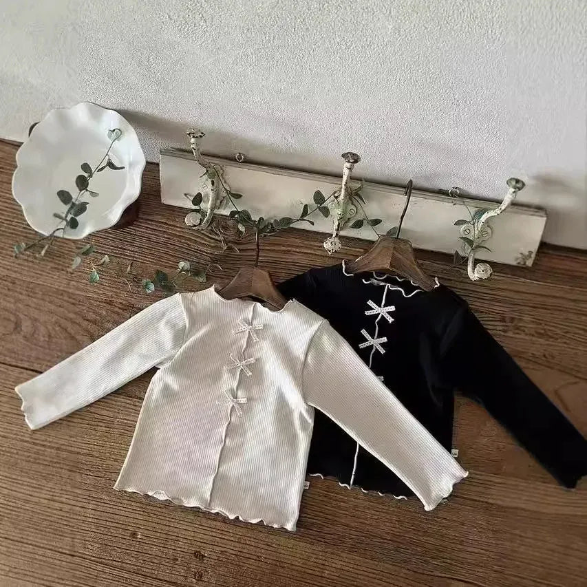 長袖Tシャツ ベビートップス センタータックリボン長袖Tシャツカットソー【mh0008713】