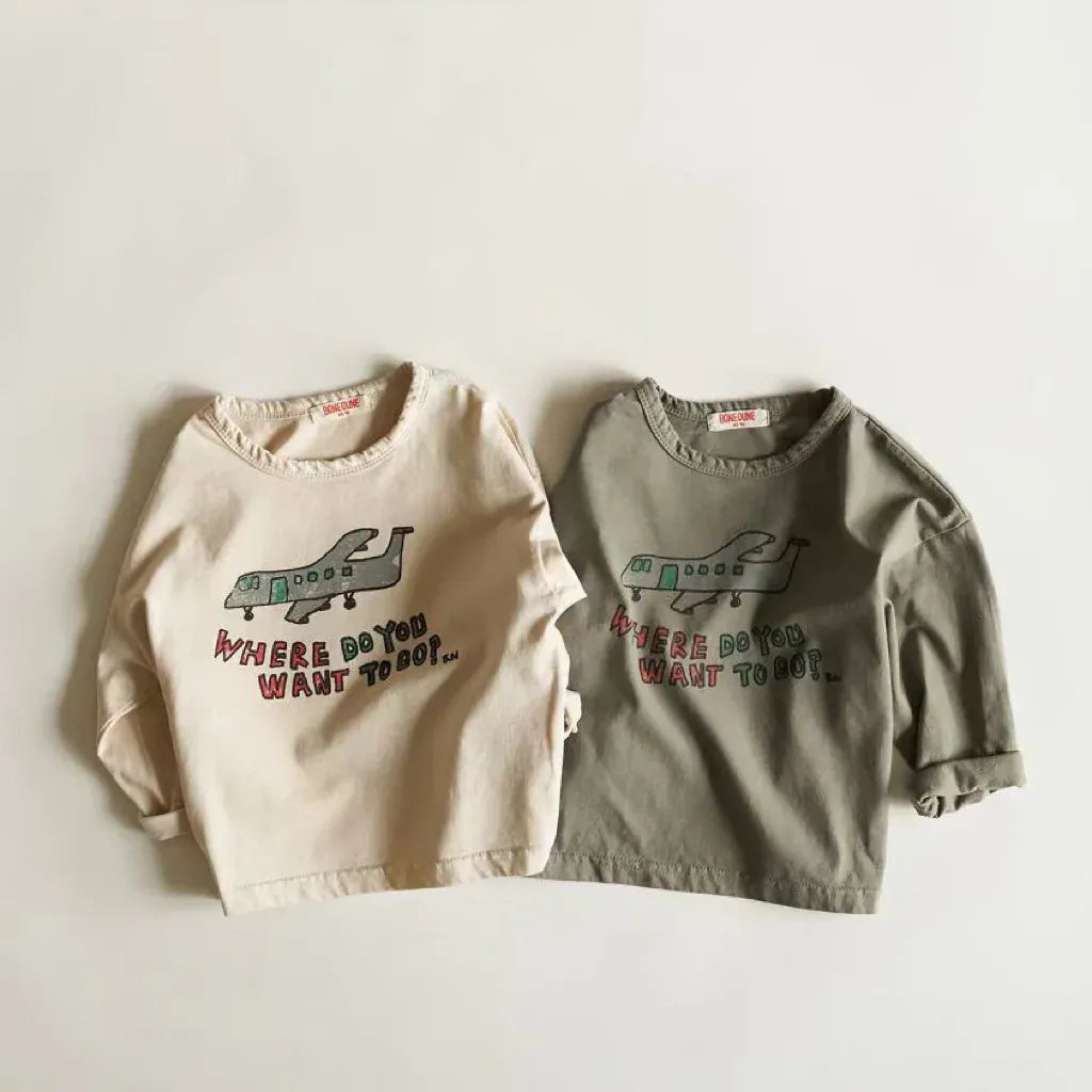 長袖Tシャツ キッズトップス 飛行機プリント長袖Tシャツ【mh0008722】