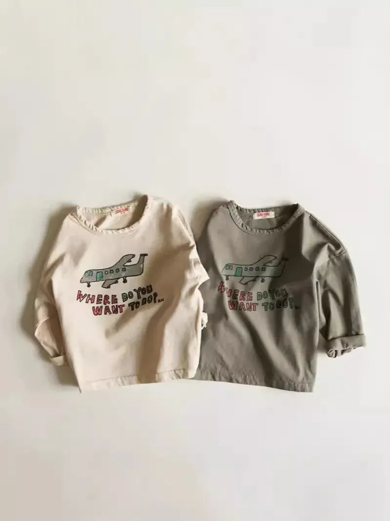 長袖Tシャツ キッズトップス 飛行機プリント長袖Tシャツ【mh0008722】