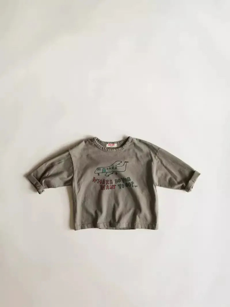 長袖Tシャツ キッズトップス 飛行機プリント長袖Tシャツ【mh0008722】