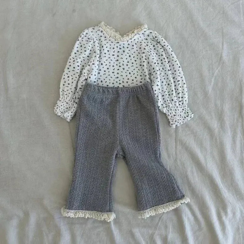 長袖Tシャツ ベビートップス フラワー小花柄プリントレース長袖パフスリーブTシャツ【mh0008724】