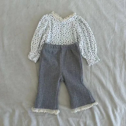 長袖Tシャツ ベビートップス フラワー小花柄プリントレース長袖パフスリーブTシャツ【mh0008724】