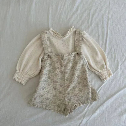 長袖Tシャツ ベビートップス フラワー小花柄プリントレース長袖パフスリーブTシャツ【mh0008724】