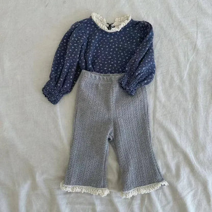 長袖Tシャツ ベビートップス フラワー小花柄プリントレース長袖パフスリーブTシャツ【mh0008724】