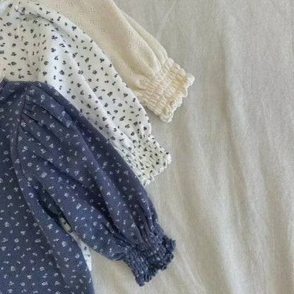 長袖Tシャツ ベビートップス フラワー小花柄プリントレース長袖パフスリーブTシャツ【mh0008724】