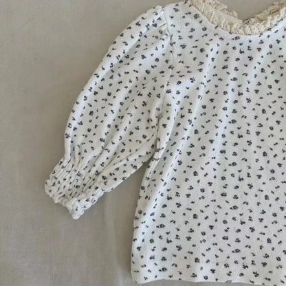 長袖Tシャツ ベビートップス フラワー小花柄プリントレース長袖パフスリーブTシャツ【mh0008724】