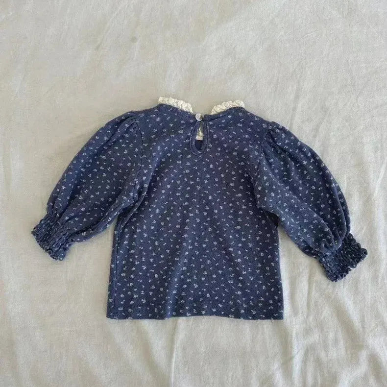 長袖Tシャツ ベビートップス フラワー小花柄プリントレース長袖パフスリーブTシャツ【mh0008724】