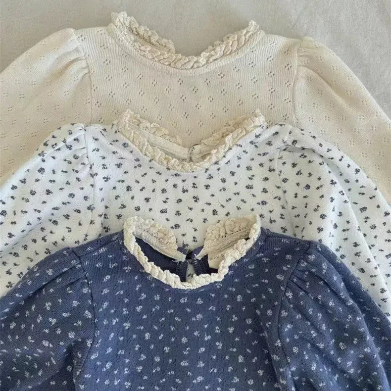 長袖Tシャツ ベビートップス フラワー小花柄プリントレース長袖パフスリーブTシャツ【mh0008724】