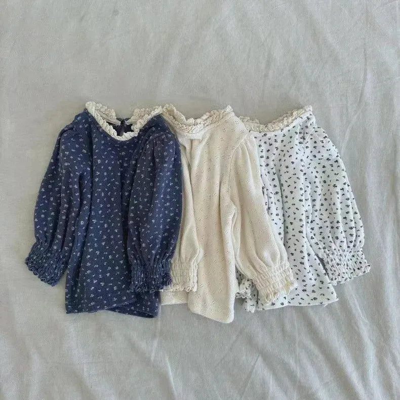 長袖Tシャツ ベビートップス フラワー小花柄プリントレース長袖パフスリーブTシャツ【mh0008724】