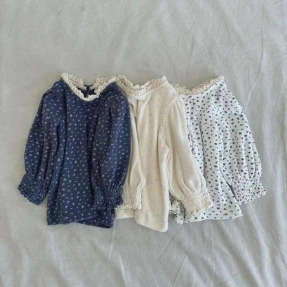 長袖Tシャツ ベビートップス フラワー小花柄プリントレース長袖パフスリーブTシャツ【mh0008724】