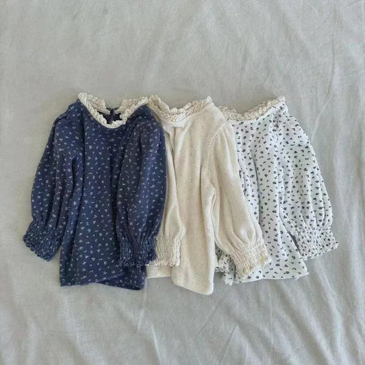 長袖Tシャツ ベビートップス フラワー小花柄プリントレース長袖パフスリーブTシャツ【mh0008724】