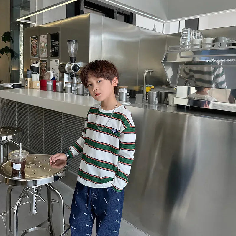 長袖Tシャツ キッズトップス レトロ太ボーダー長袖Tシャツ【mh0008797】