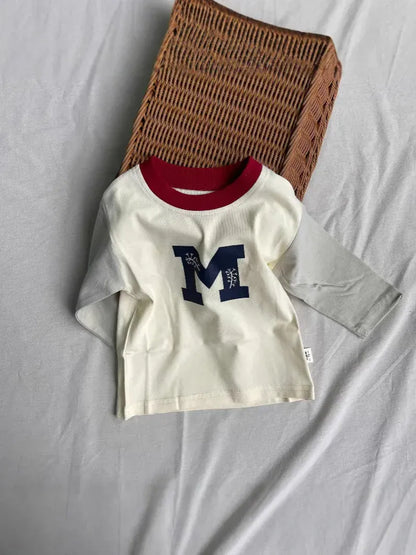 長袖Tシャツ ベビートップス ロゴプリントラグランパッチワーク長袖Tシャツ【mh0008841】