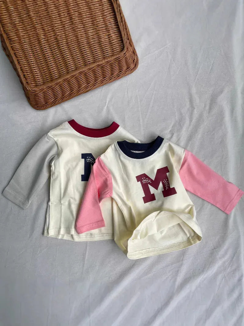 長袖Tシャツ ベビートップス ロゴプリントラグランパッチワーク長袖Tシャツ【mh0008841】