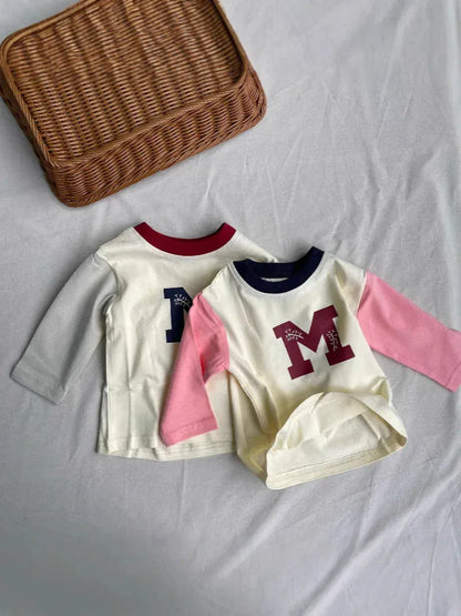 長袖Tシャツ ベビートップス ロゴプリントラグランパッチワーク長袖Tシャツ【mh0008841】