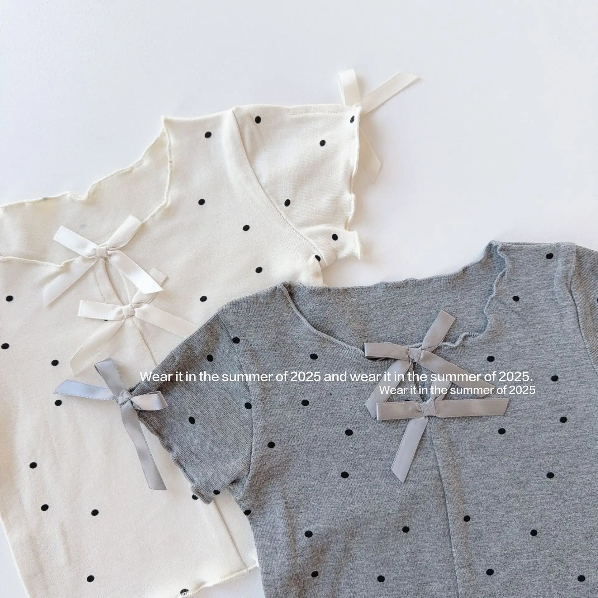 半袖Tシャツ キッズトップス 水玉ドットプリントリボン半袖カットソーTシャツ【mh0008889】