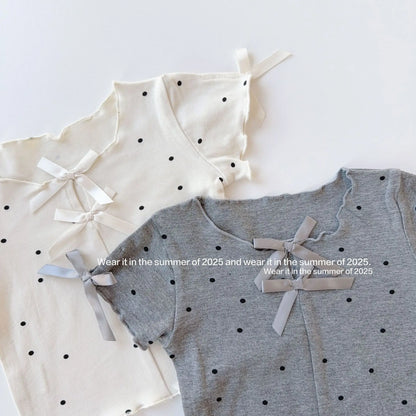 半袖Tシャツ キッズトップス 水玉ドットプリントリボン半袖カットソーTシャツ【mh0008889】