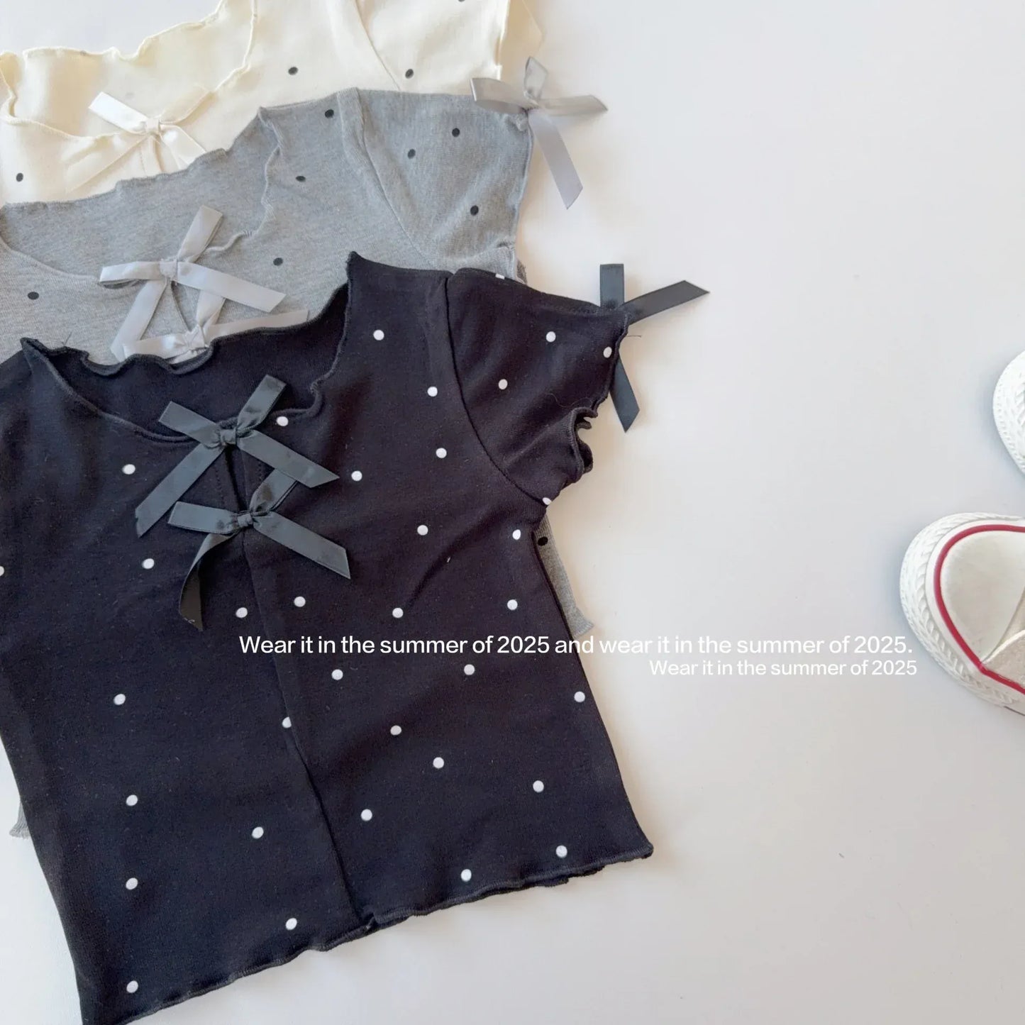 半袖Tシャツ キッズトップス 水玉ドットプリントリボン半袖カットソーTシャツ【mh0008889】