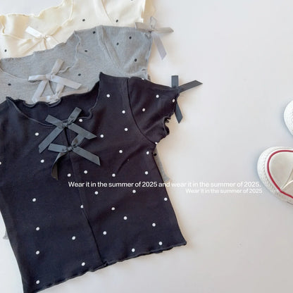 半袖Tシャツ キッズトップス 水玉ドットプリントリボン半袖カットソーTシャツ【mh0008889】