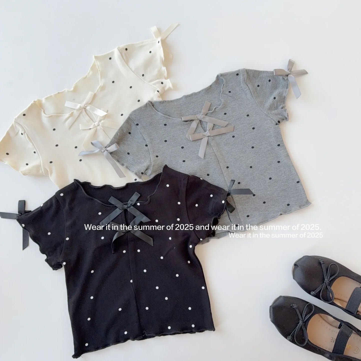 半袖Tシャツ キッズトップス 水玉ドットプリントリボン半袖カットソーTシャツ【mh0008889】