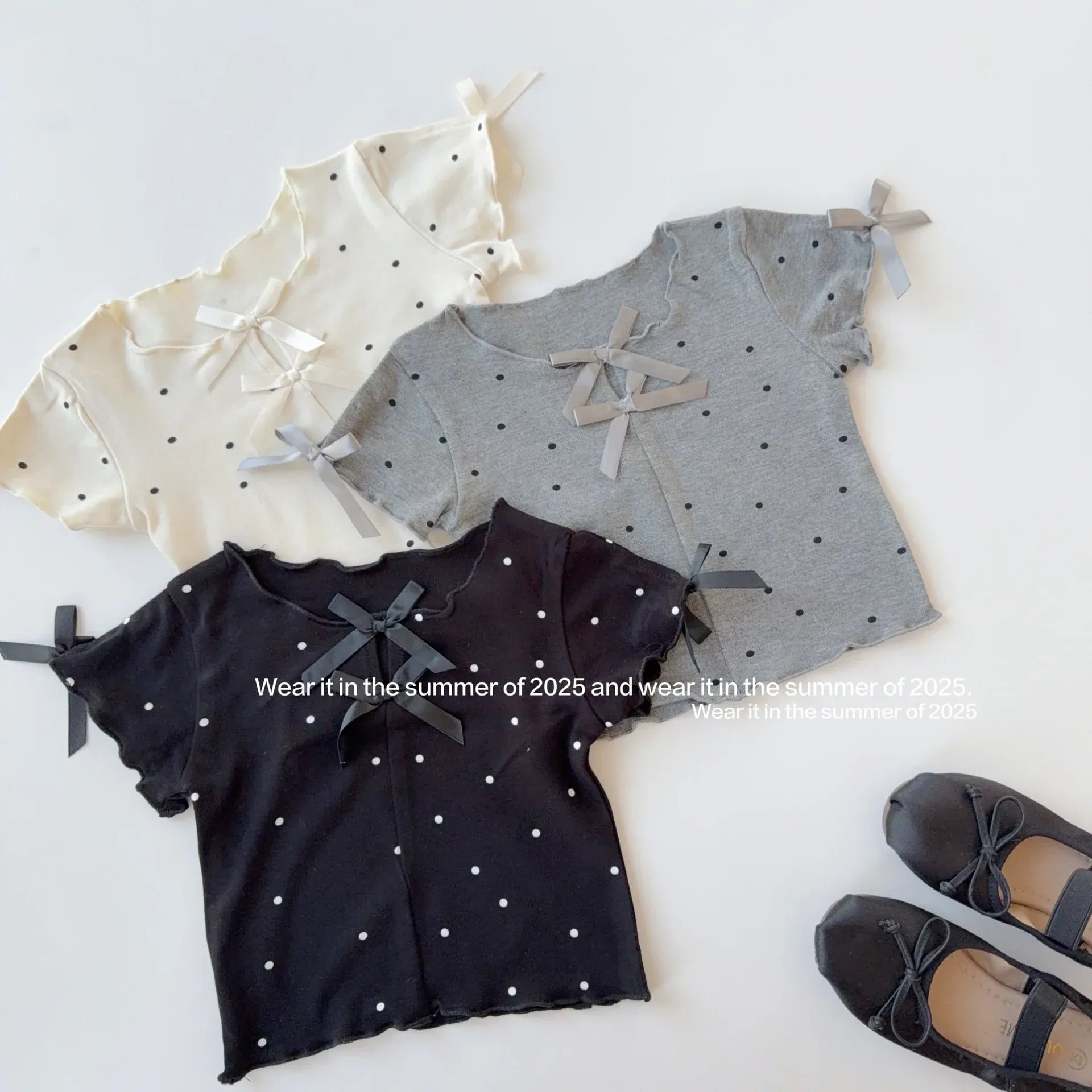 半袖Tシャツ キッズトップス 水玉ドットプリントリボン半袖カットソーTシャツ【mh0008889】