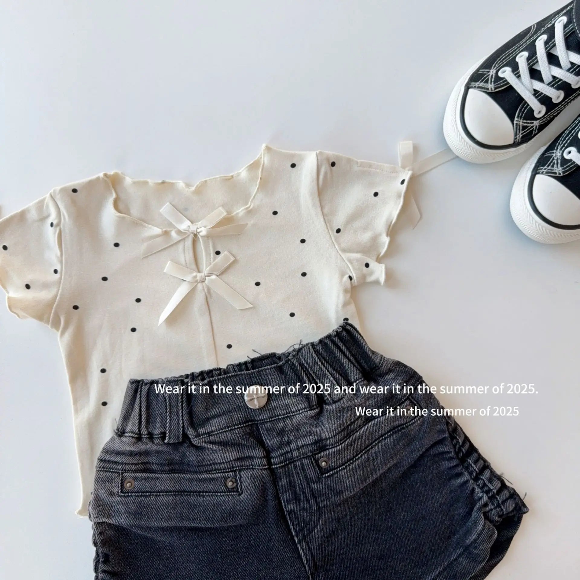 半袖Tシャツ キッズトップス 水玉ドットプリントリボン半袖カットソーTシャツ【mh0008889】