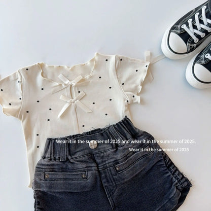 半袖Tシャツ キッズトップス 水玉ドットプリントリボン半袖カットソーTシャツ【mh0008889】