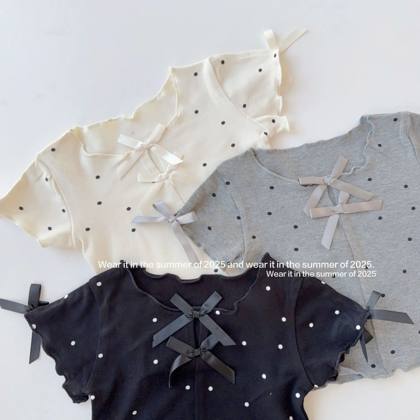 半袖Tシャツ キッズトップス 水玉ドットプリントリボン半袖カットソーTシャツ【mh0008889】