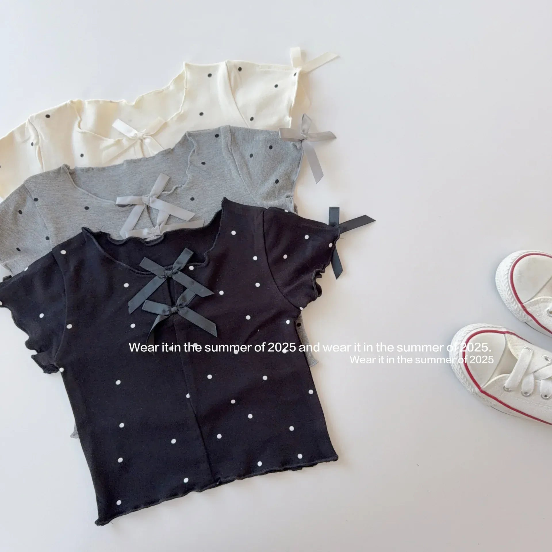 半袖Tシャツ キッズトップス 水玉ドットプリントリボン半袖カットソーTシャツ【mh0008889】