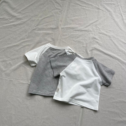 半袖Tシャツ ベビートップス ボーダーラグランパッチワーク半袖Tシャツ【mh0009178】