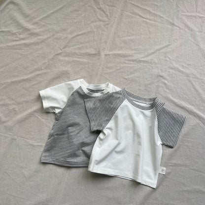 半袖Tシャツ ベビートップス ボーダーラグランパッチワーク半袖Tシャツ【mh0009178】