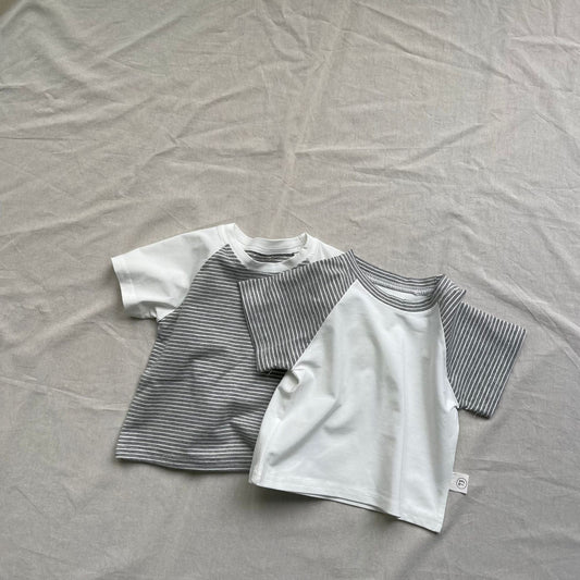 半袖Tシャツ ベビートップス ボーダーラグランパッチワーク半袖Tシャツ【mh0009178】