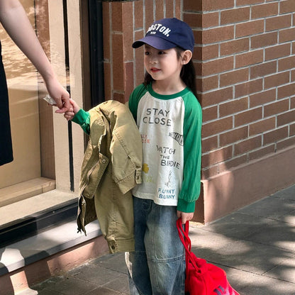 長袖Tシャツ プリント長袖ラグランパッチワークTシャツ【mh0010581】