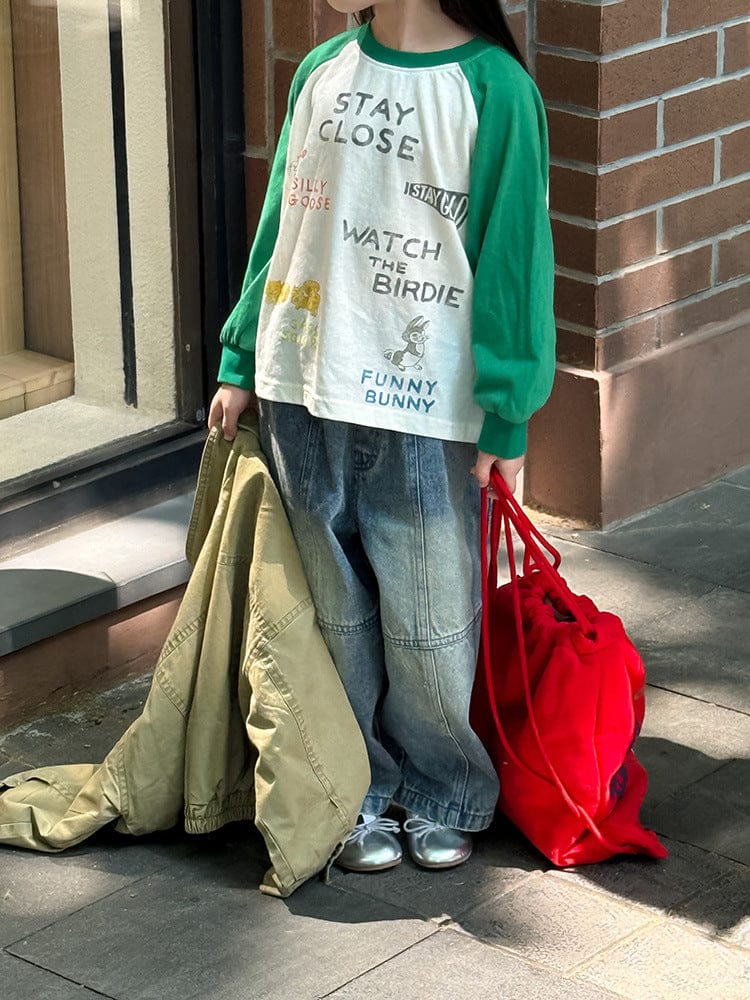 長袖Tシャツ プリント長袖ラグランパッチワークTシャツ【mh0010581】