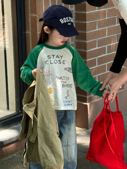 長袖Tシャツ プリント長袖ラグランパッチワークTシャツ【mh0010581】