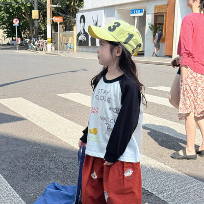 長袖Tシャツ プリント長袖ラグランパッチワークTシャツ【mh0010581】