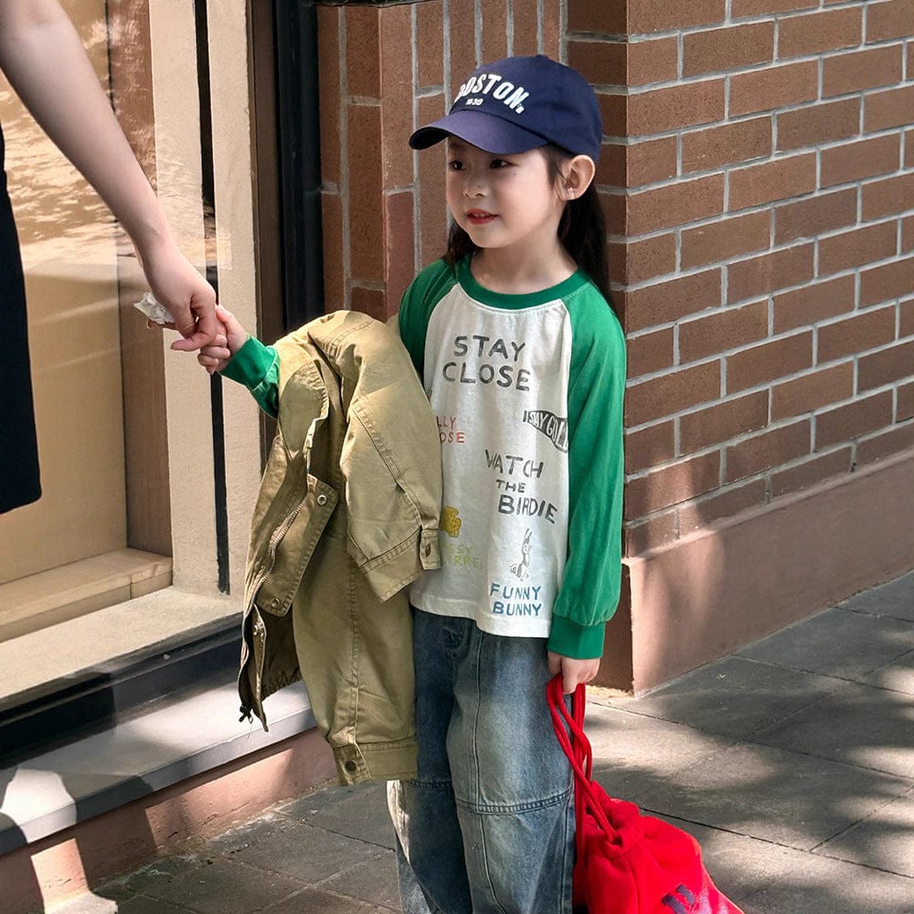 長袖Tシャツ プリント長袖ラグランパッチワークTシャツ【mh0010581】