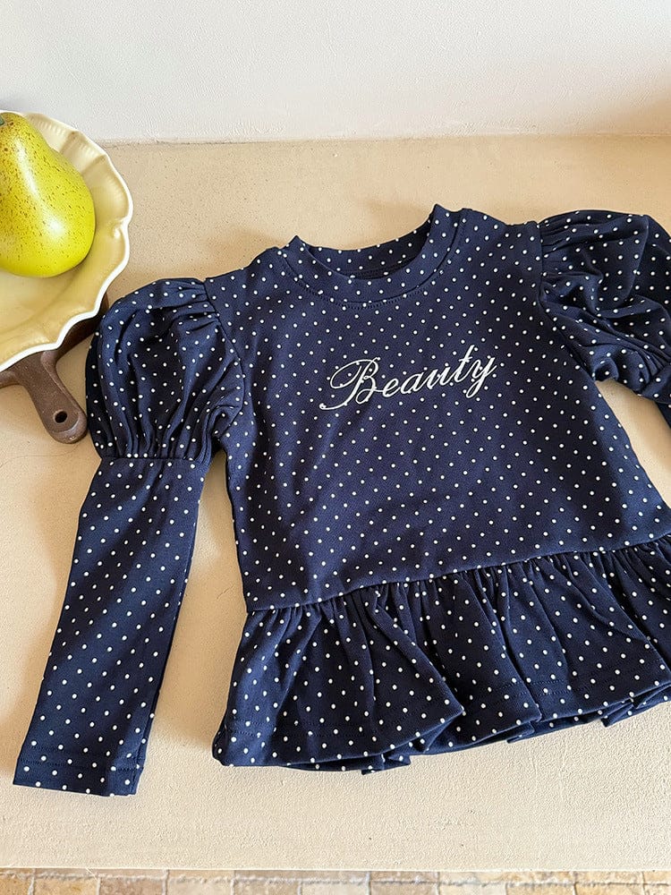 長袖Tシャツ レターロゴ無地/ドット長袖パフスリーブTシャツ【mh0010586】