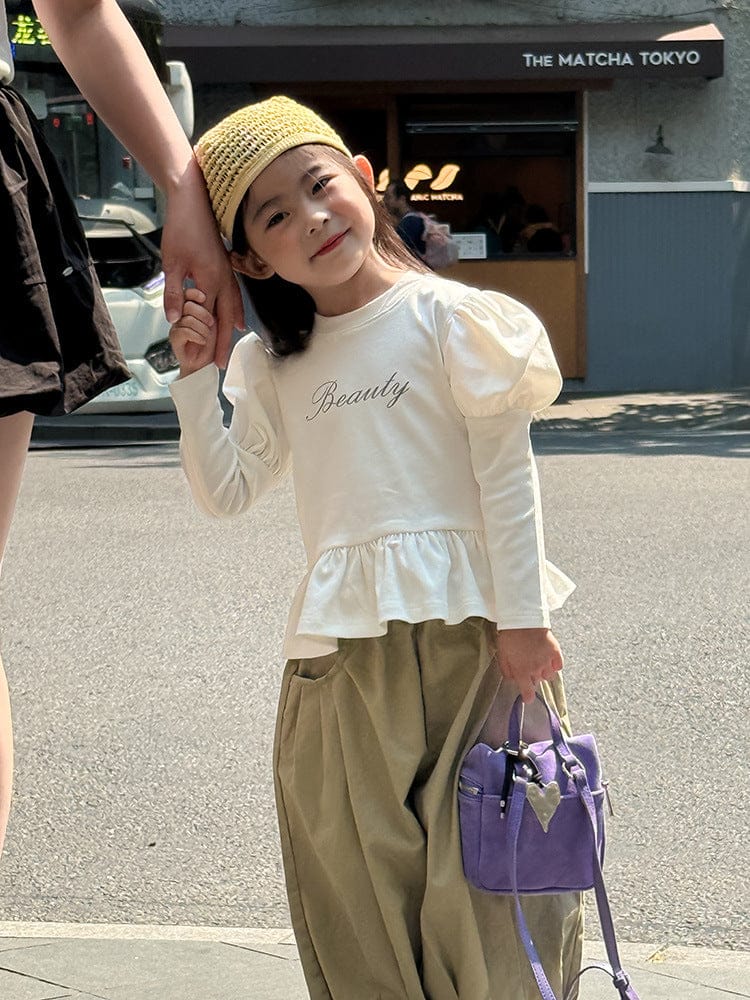 長袖Tシャツ レターロゴ無地/ドット長袖パフスリーブTシャツ【mh0010586】