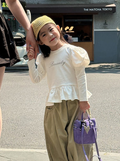 長袖Tシャツ レターロゴ無地/ドット長袖パフスリーブTシャツ【mh0010586】