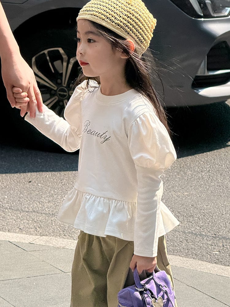 長袖Tシャツ レターロゴ無地/ドット長袖パフスリーブTシャツ【mh0010586】