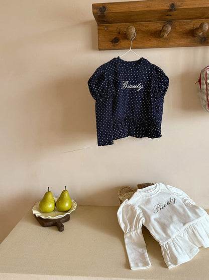 長袖Tシャツ レターロゴ無地/ドット長袖パフスリーブTシャツ【mh0010586】