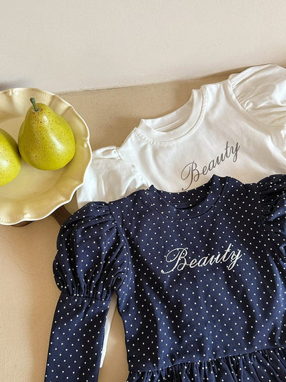 長袖Tシャツ レターロゴ無地/ドット長袖パフスリーブTシャツ【mh0010586】