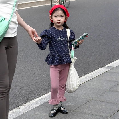 長袖Tシャツ レターロゴ無地/ドット長袖パフスリーブTシャツ【mh0010586】